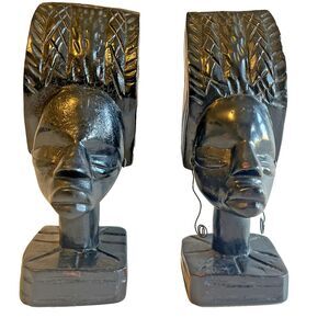 African Wood Tribal Busts Bookends Hand Carved Ebony Black 8 In Vintage Pair